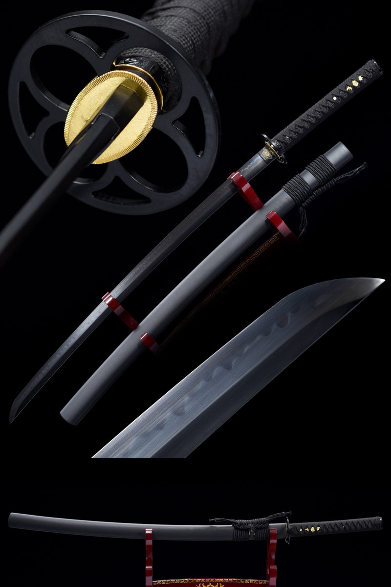 Handmade Japanese Sword T10 Clay Tempered Steel Katana Real Hamon Full Tang With Black Scabbard