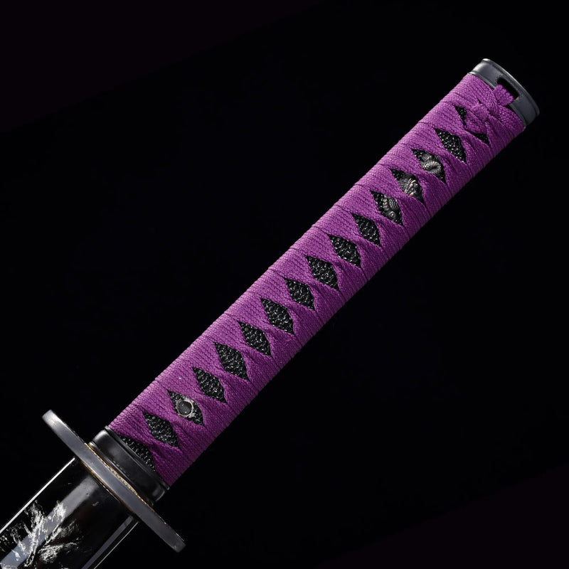 Handmade samurai katana sword with a vibrant purple blade, perfect for display