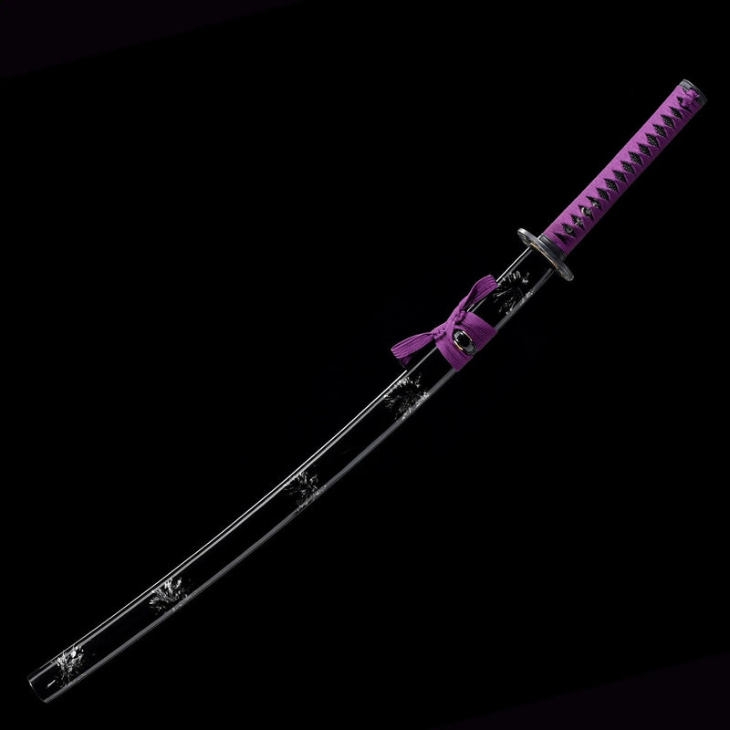 Handmade katana with a rich purple blade, ideal for samurai sword enthusiasts